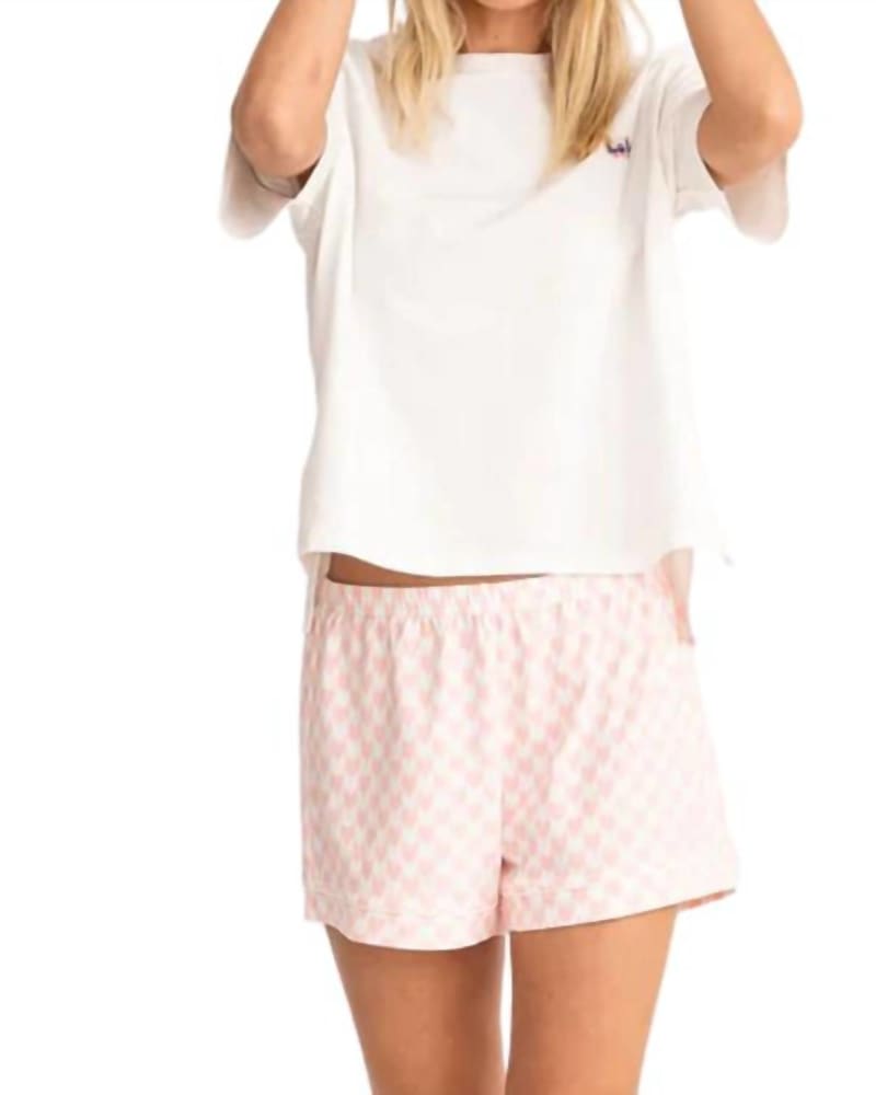 Front of a model wearing a size L Veronica Pajama Set in Check Blossom in Check Blossom by KERRI ROSENTHAL. | dia_product_style_image_id:343194